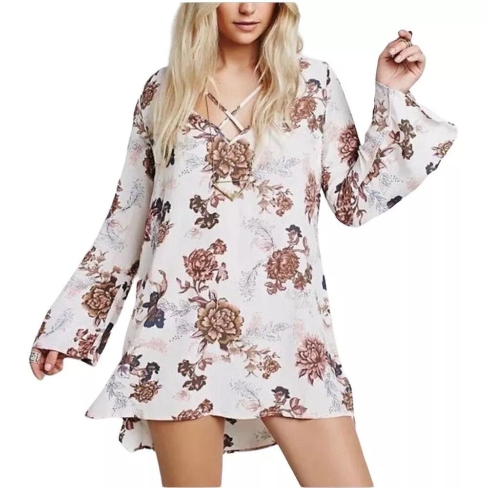 Free People Heart Beat Printed V-Neck Tunic Cream Blush Wine Colorway Size Small - Picture 3 of 13